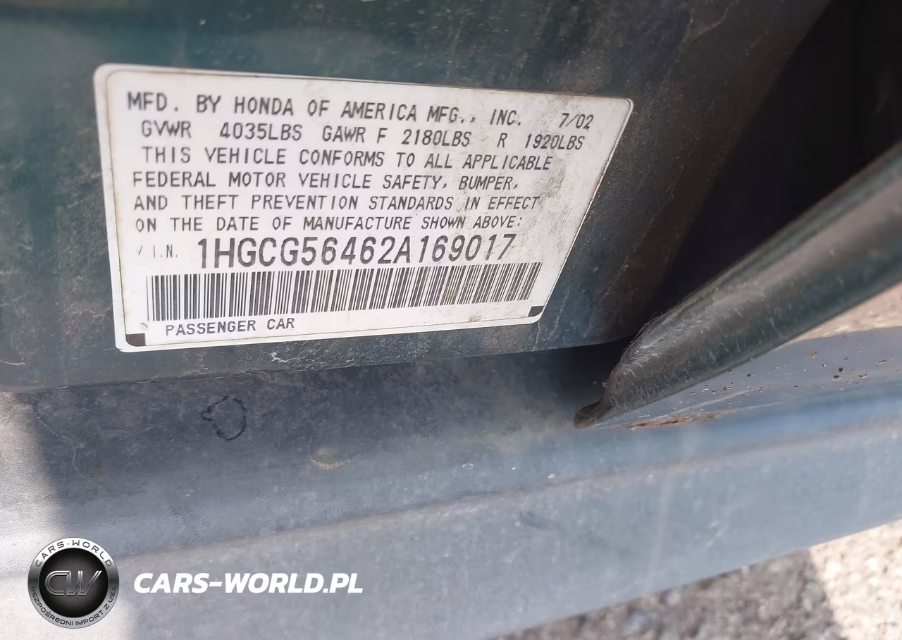 2002 Honda Accord 2.3 Lx VIN:1HGCG56462A169017 - 9