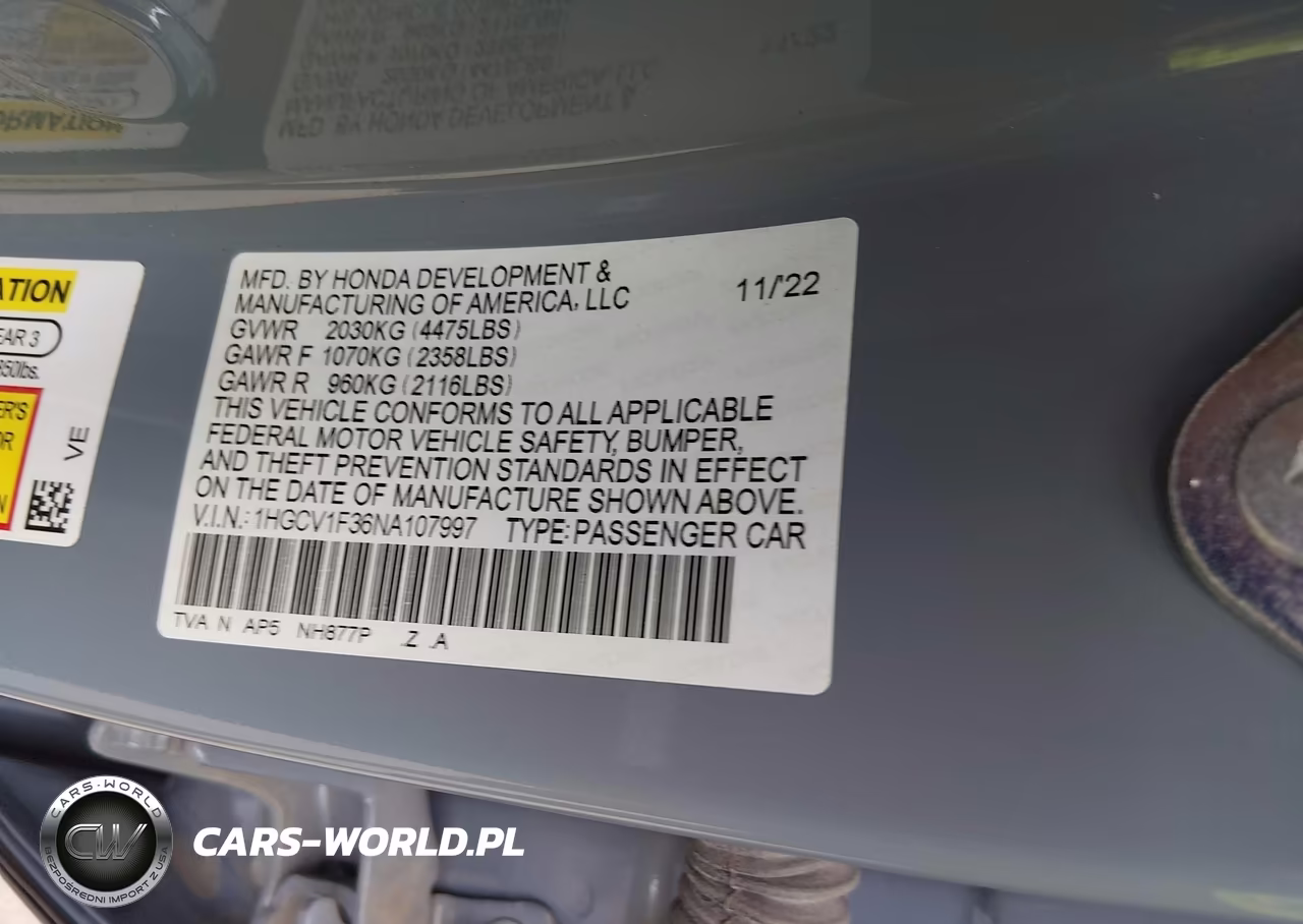 2022 Honda Accord Sport VIN:1HGCV1F36NA107997 - 9