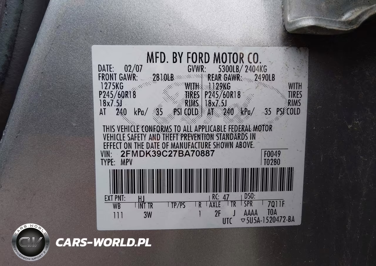 2007 Ford Edge Sel Plus VIN:2FMDK39C27BA70887 - 9