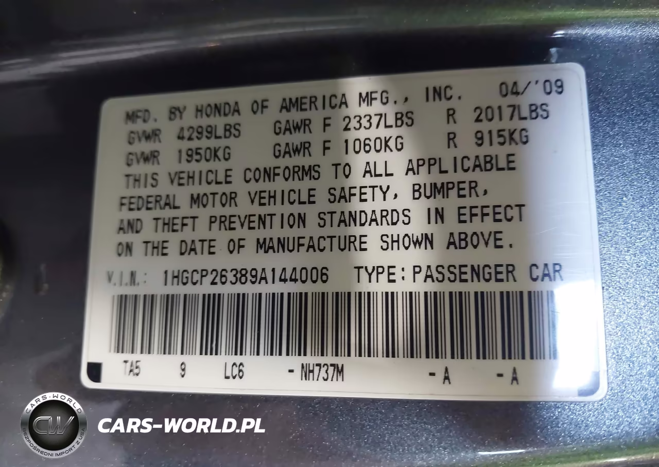 2009 Honda Accord 2.4 Lx VIN:1HGCP26389A144006 - 9
