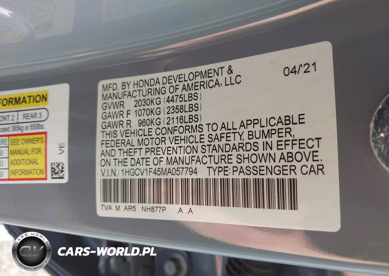 2021 Honda Accord Sport Special Edition VIN:1HGCV1F45MA057794 - 9