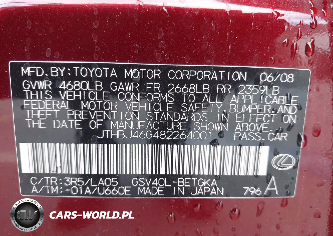 2008 Lexus Es 350 VIN:JTHBJ46G482264001 - 9