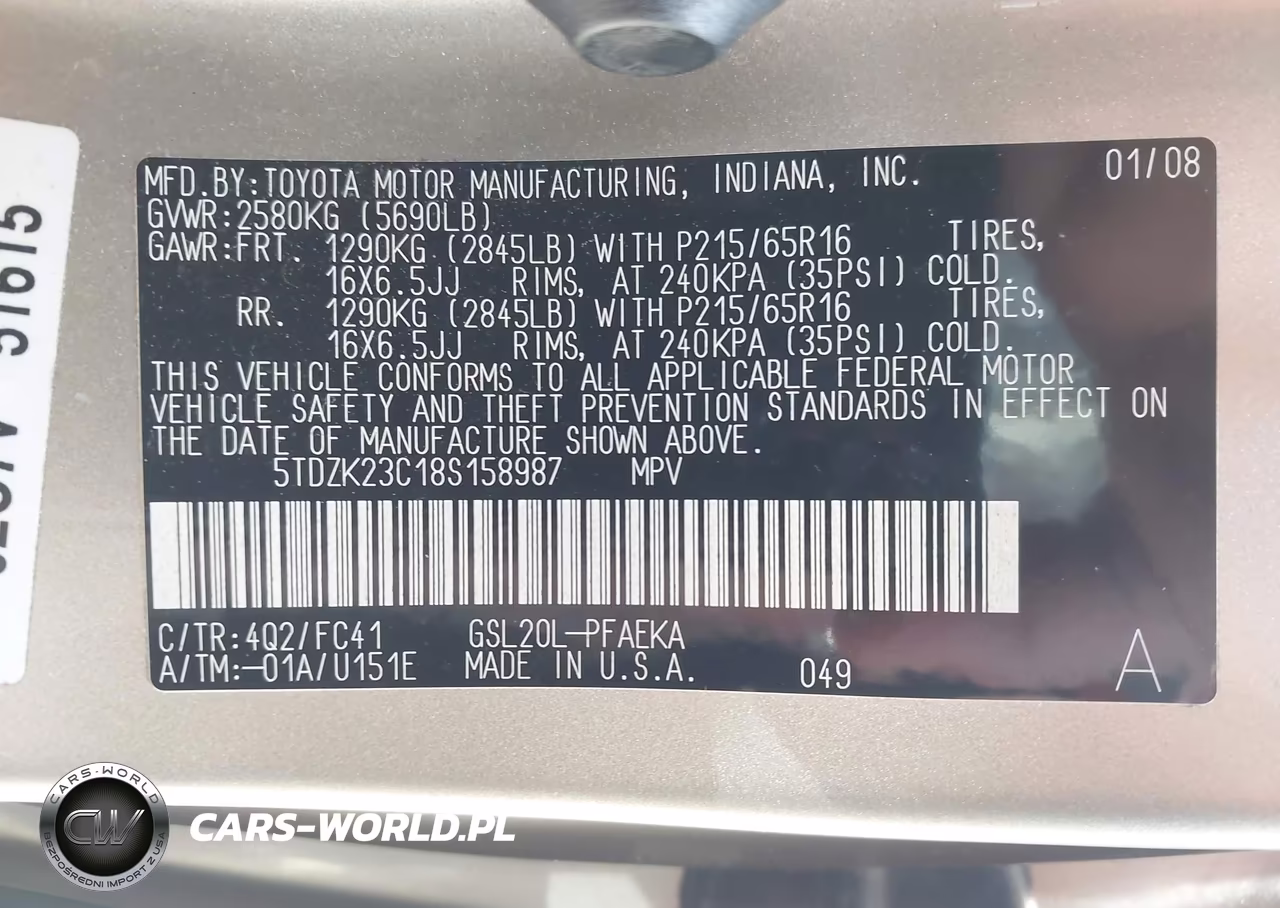 2008 Toyota Sienna Le VIN:5TDZK23C18S158987 - 9