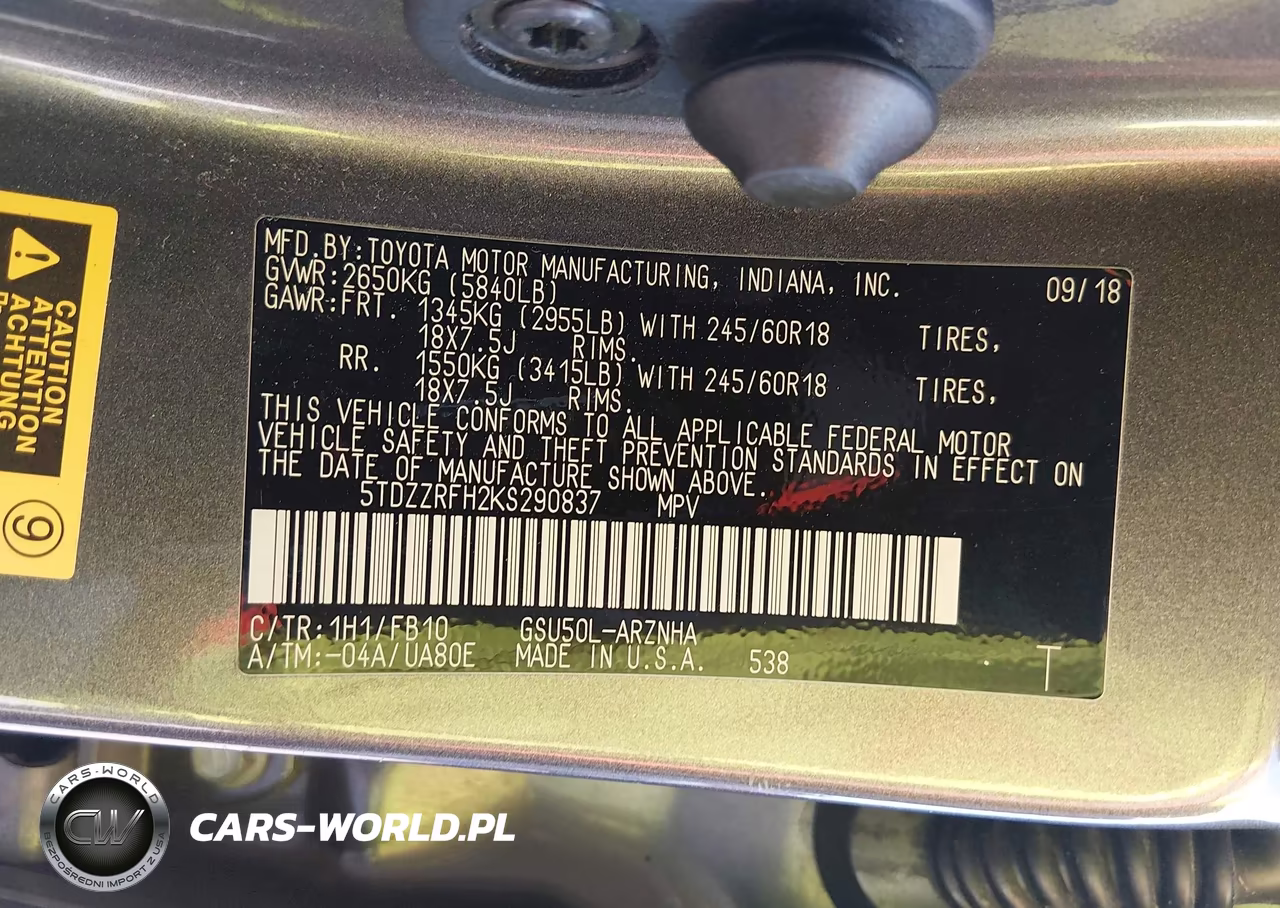 2019 Toyota Highlander Le VIN:5TDZZRFH2KS290837 - 9