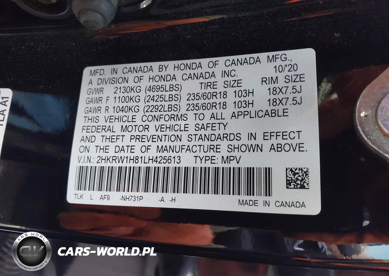 2020 Honda Cr-V 2Wd Ex-L VIN:2HKRW1H81LH425613 - 9