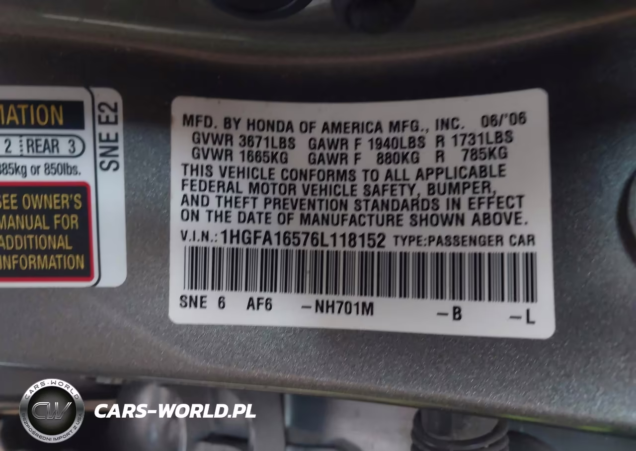 2006 Honda Civic Lx VIN:1HGFA16576L118152 - 9