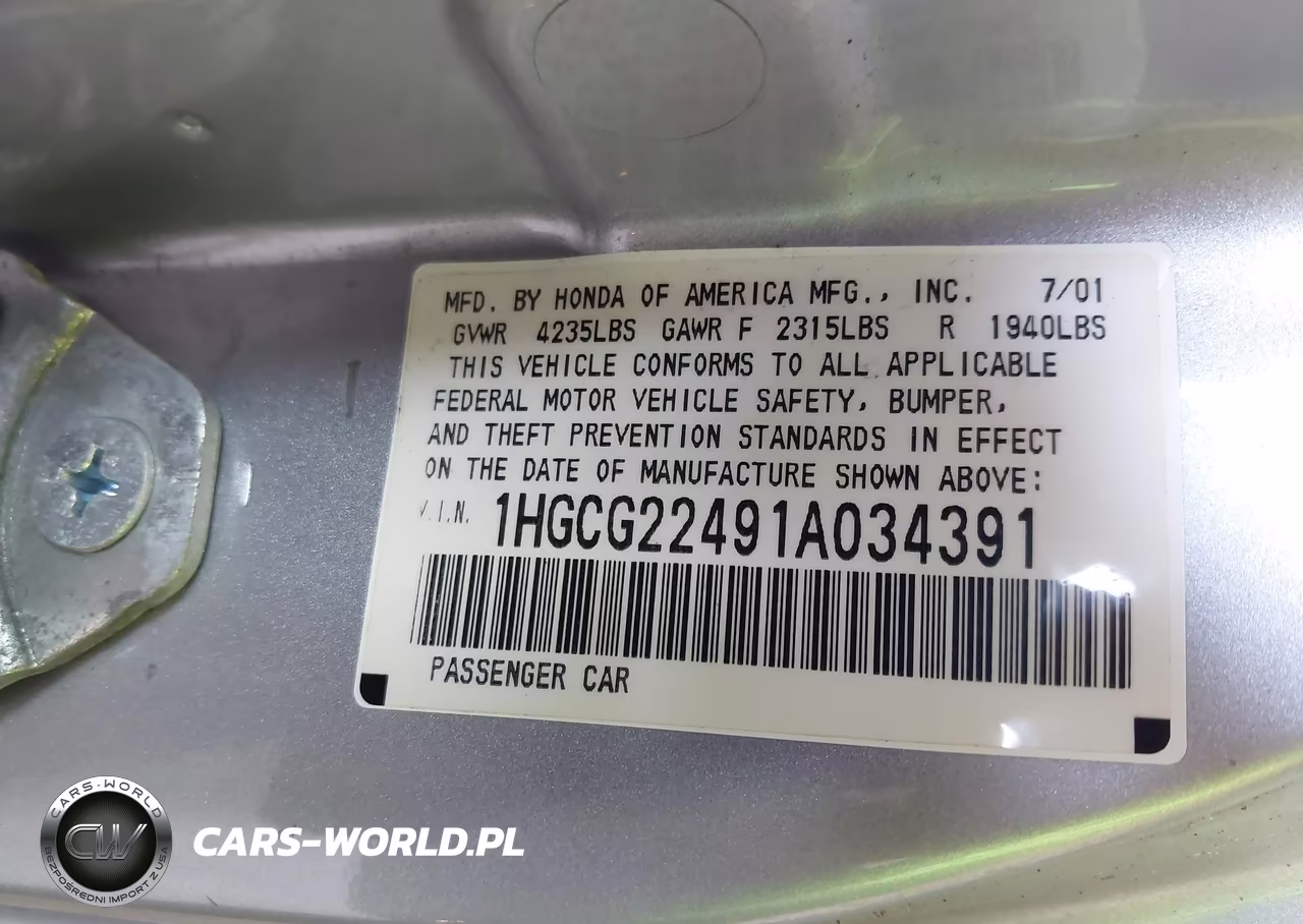 2001 Honda Accord 3.0 Lx VIN:1HGCG22491A034391 - 9