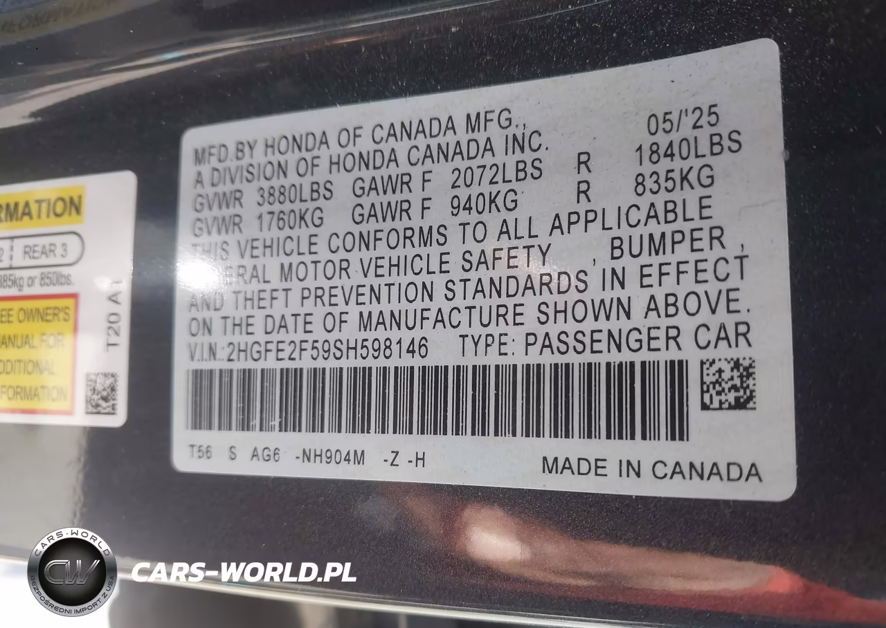 2025 Honda Civic Sport VIN:2HGFE2F59SH598146 - 9