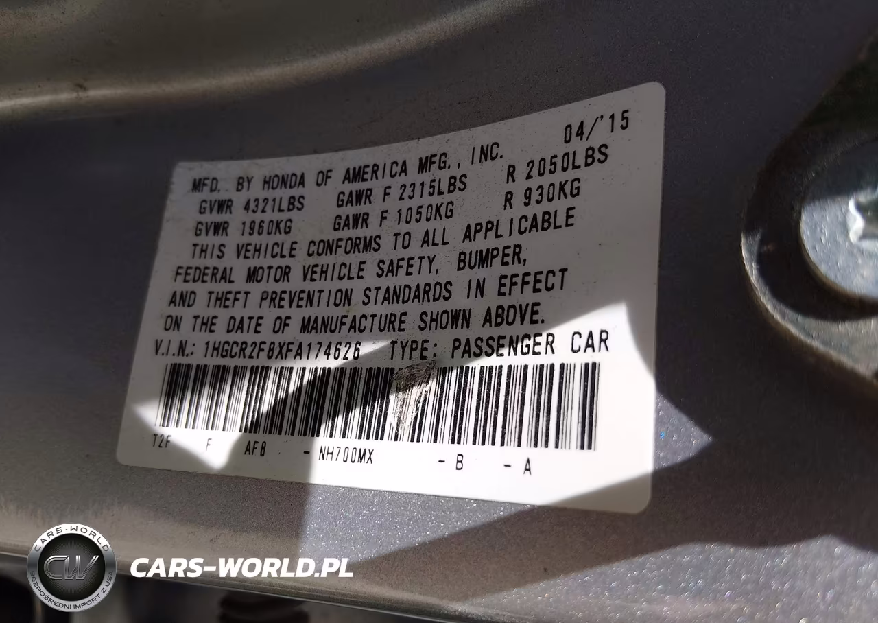 2015 Honda Accord Ex-L VIN:1HGCR2F8XFA174626 - 9
