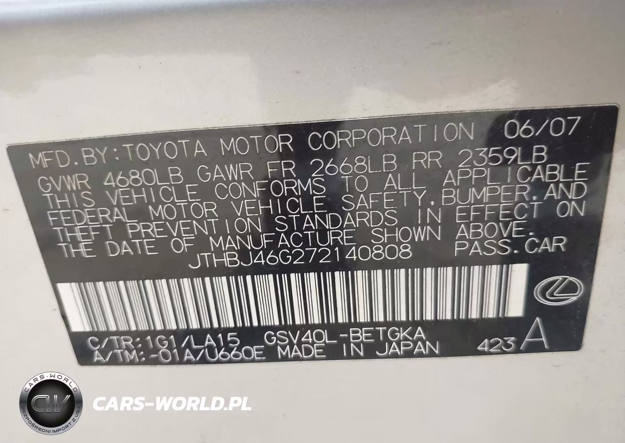 2007 Lexus Es 350 VIN:JTHBJ46G272140808 - 9