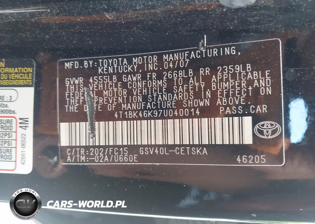 2007 Toyota Camry Se V6 VIN:4T1BK46K97U040014 - 9