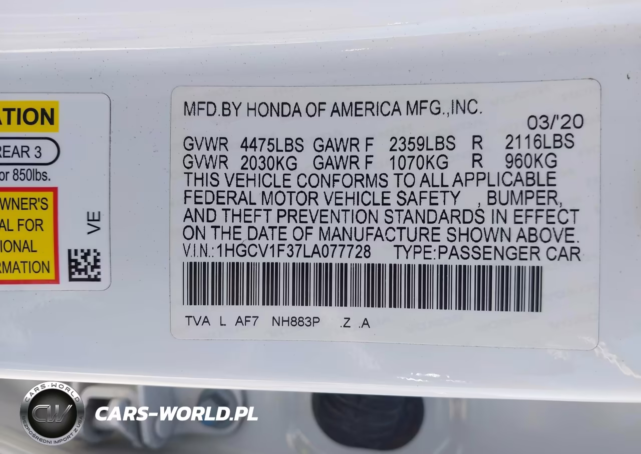2020 Honda Accord Sport VIN:1HGCV1F37LA077728 - 9