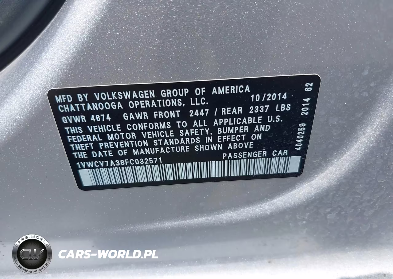 2015 Volkswagen Passat 2.0L Tdi Sel Premium VIN:1VWCV7A38FC032571 - 9
