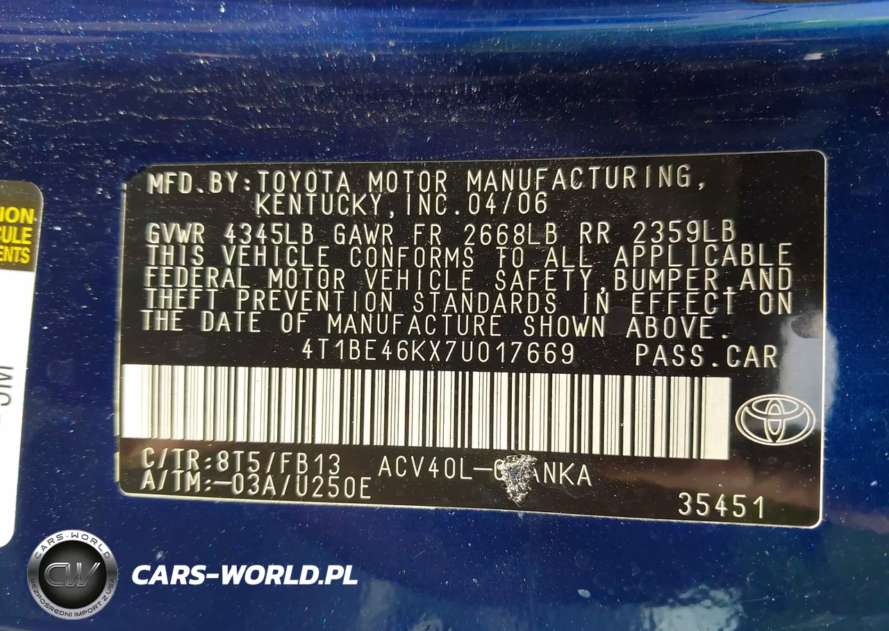 2007 Toyota Camry Le VIN:4T1BE46KX7U017669 - 9