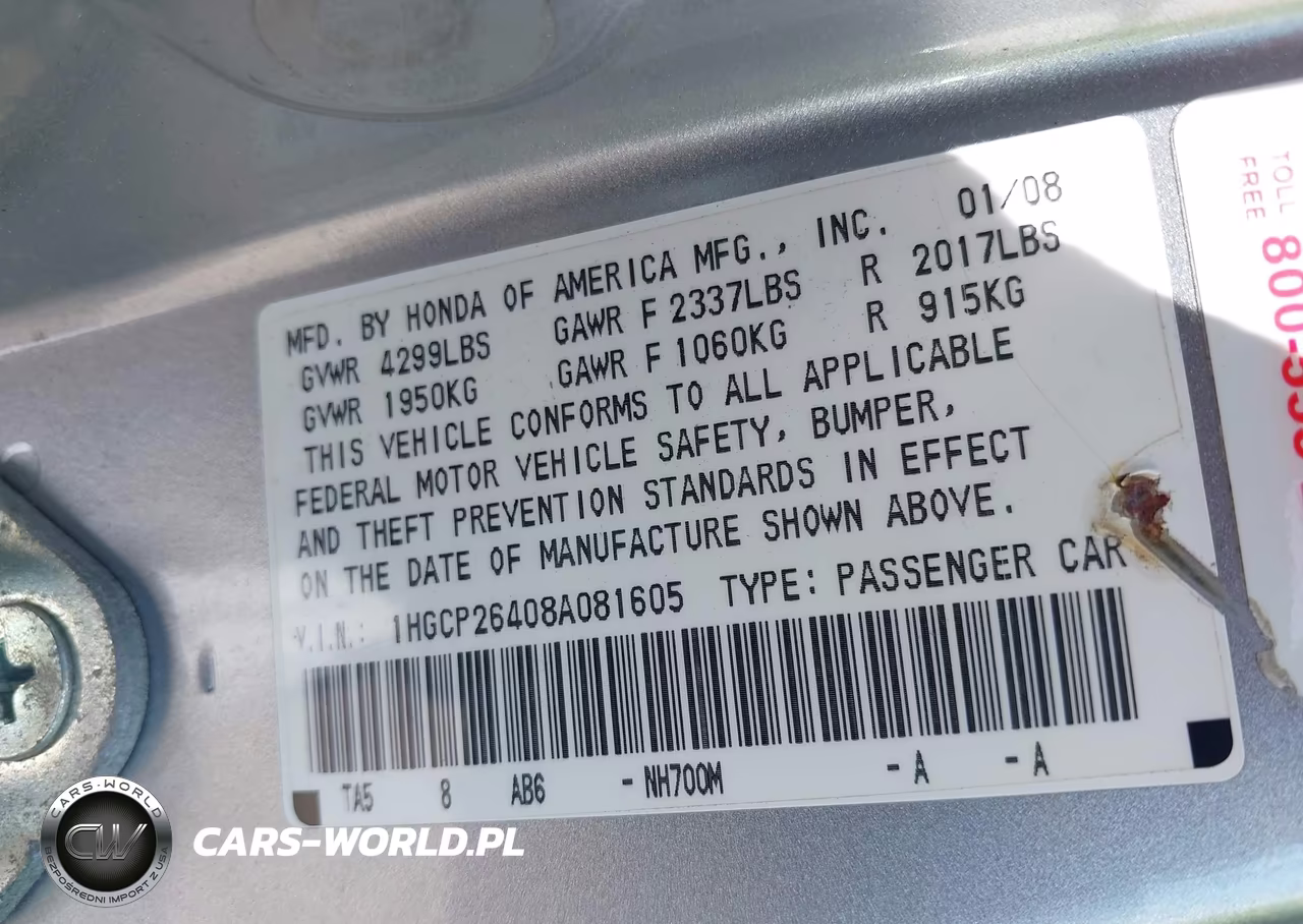 2008 Honda Accord 2.4 Lx-P VIN:1HGCP26408A081605 - 9