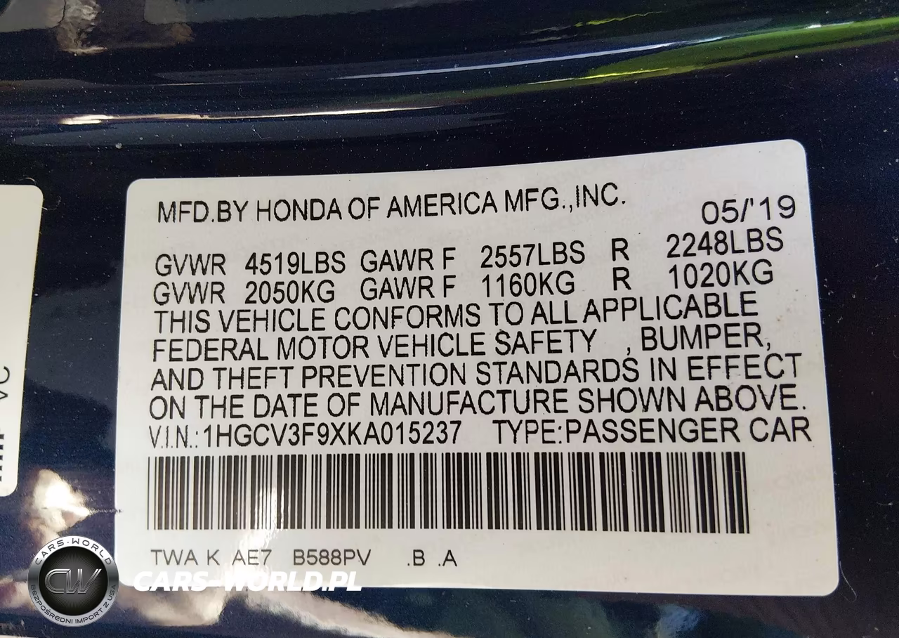 2019 Honda Accord Hybrid Touring VIN:1HGCV3F9XKA015237 - 9