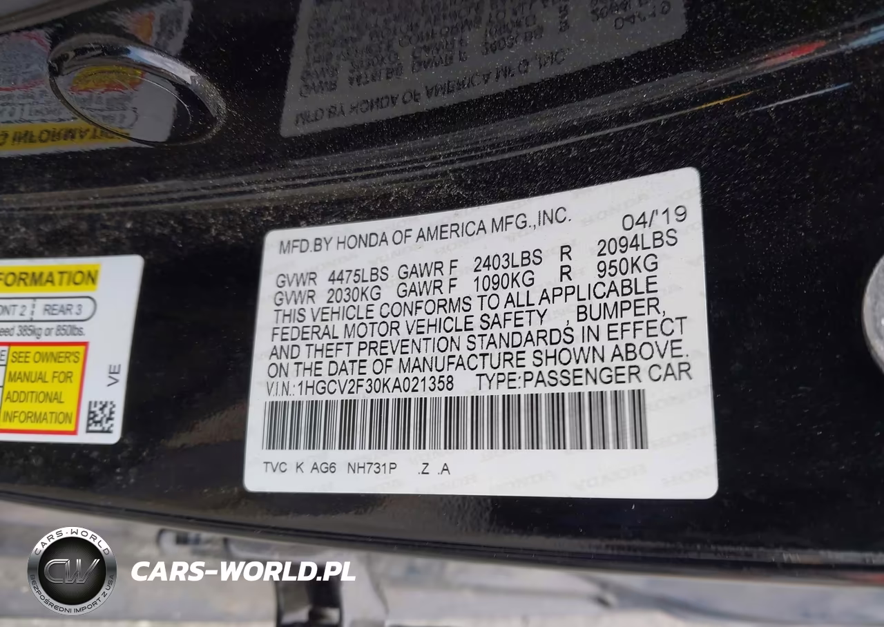 2019 Honda Accord Sport 2.0T VIN:1HGCV2F30KA021358 - 9