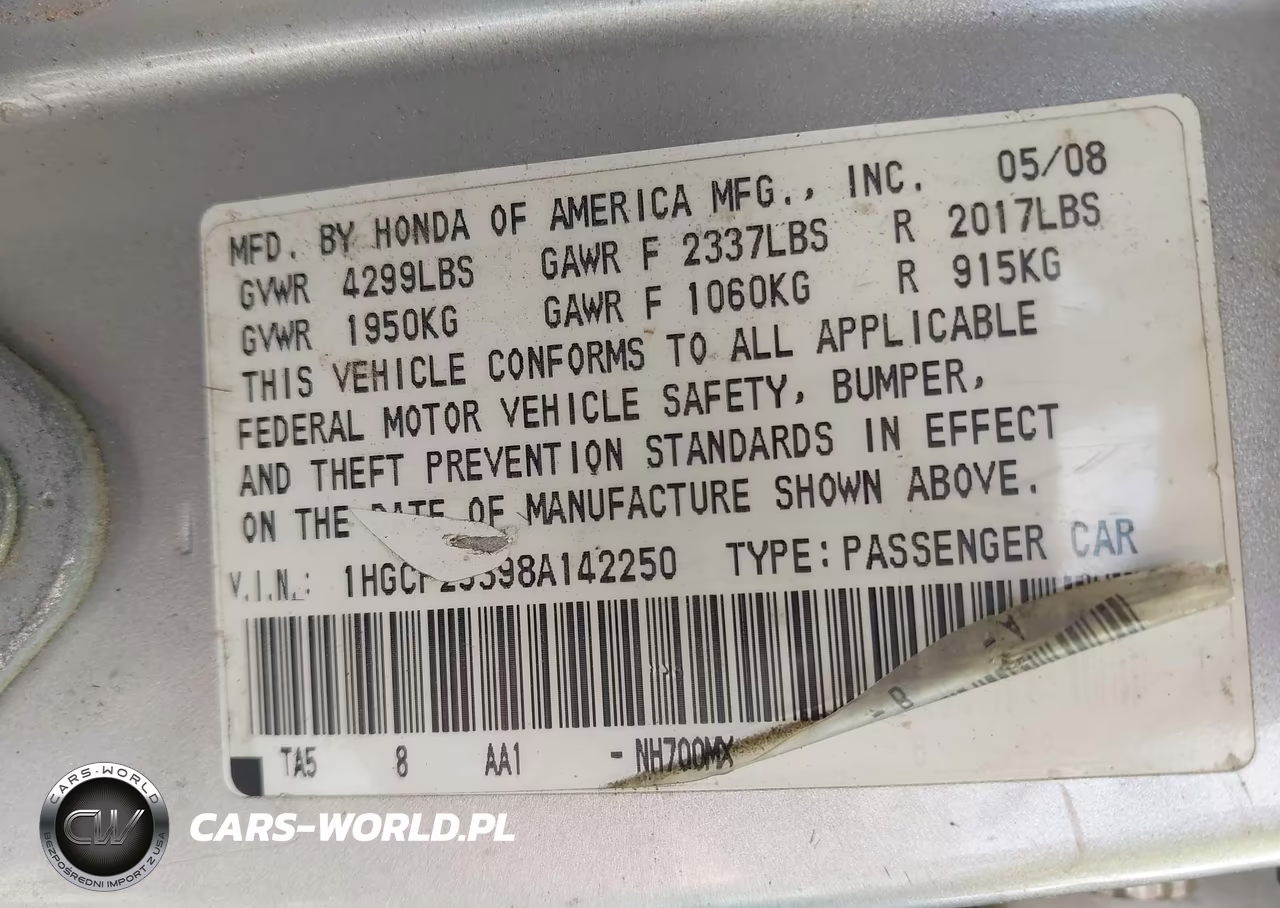 2008 Honda Accord 2.4 Lx VIN:1HGCP25398A142250 - 9