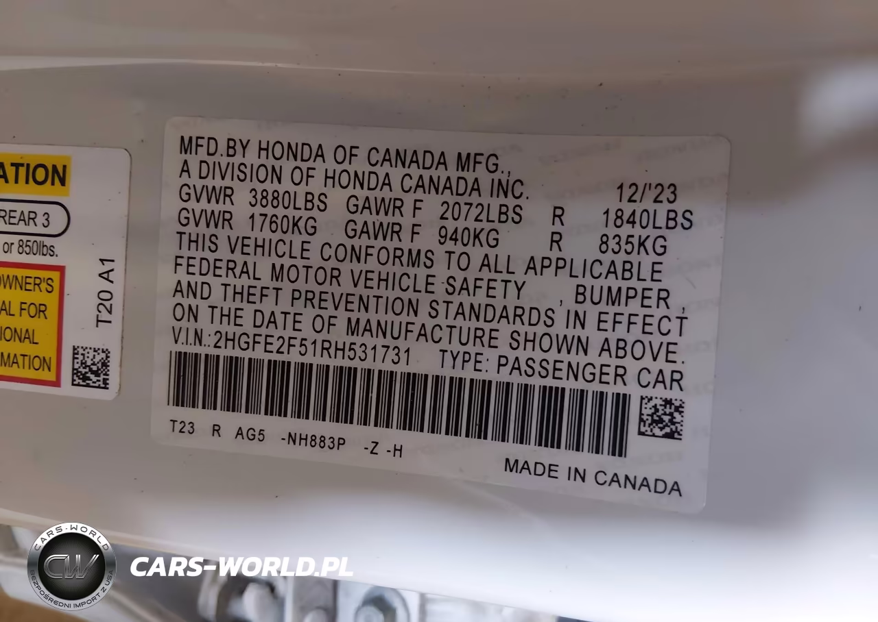 2024 Honda Civic Sport VIN:2HGFE2F51RH531731 - 9