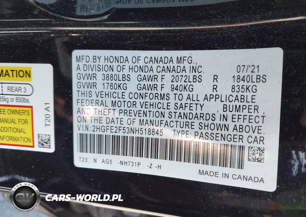 2022 Honda Civic Sport VIN:2HGFE2F53NH518845 - 9