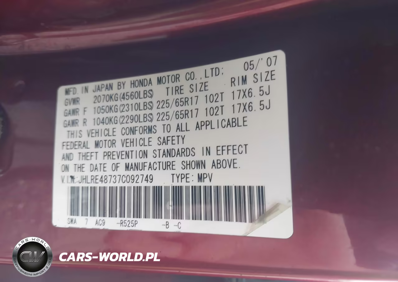 2007 Honda Cr-V Ex-L VIN:JHLRE48737C092749 - 9