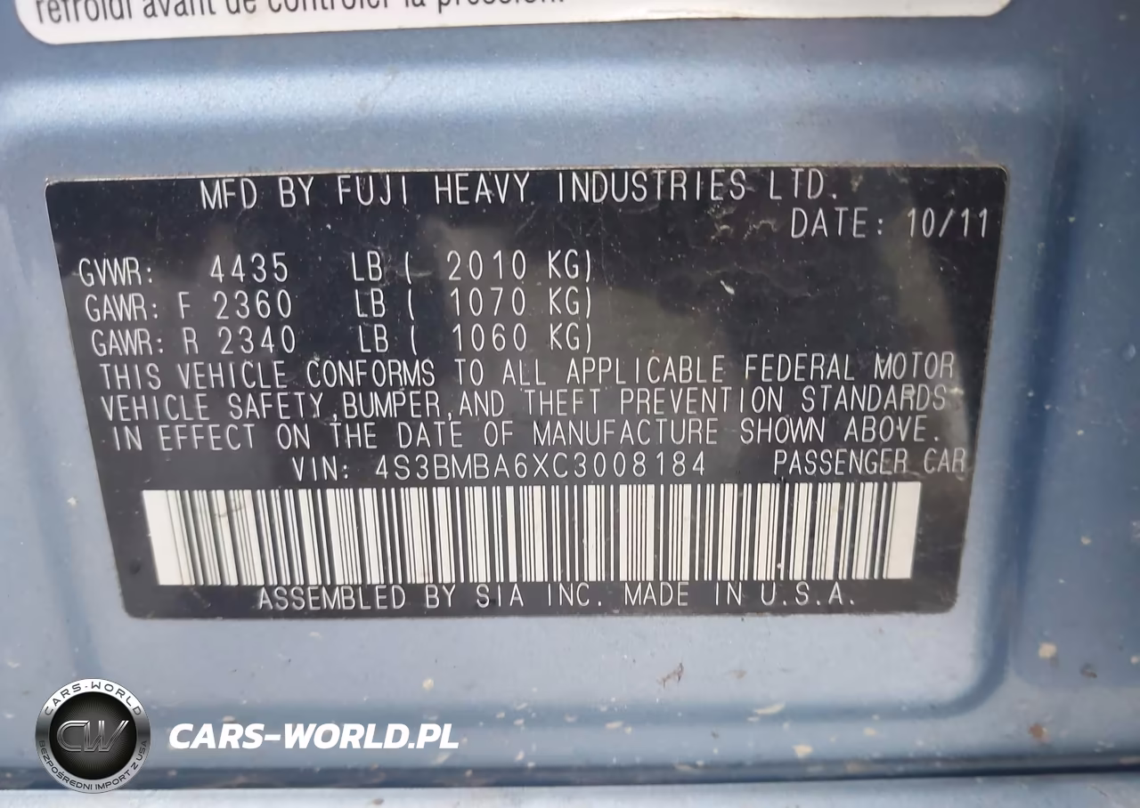 2012 Subaru Legacy 2.5I VIN:4S3BMBA6XC3008184 - 9