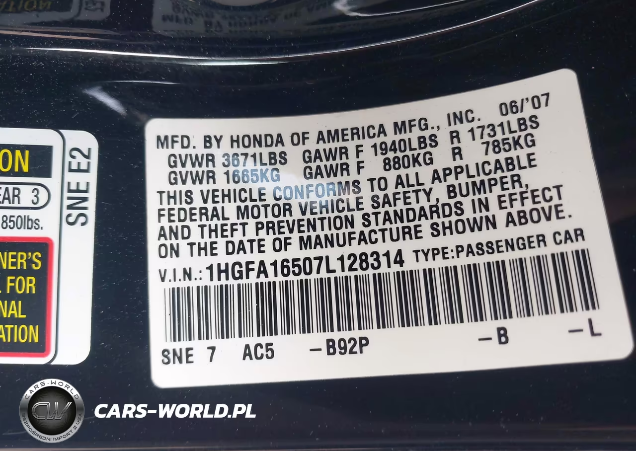 2007 Honda Civic Lx VIN:1HGFA16507L128314 - 9