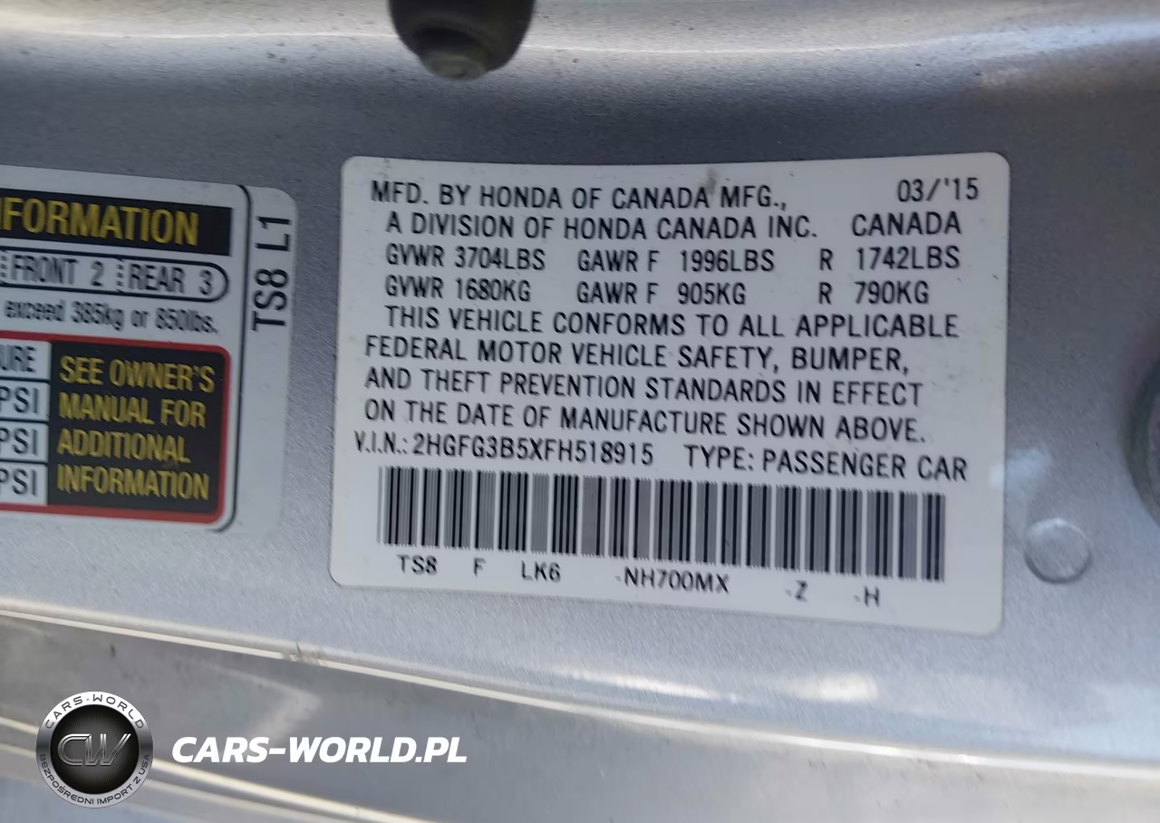 2015 Honda Civic Lx VIN:2HGFG3B5XFH518915 - 9