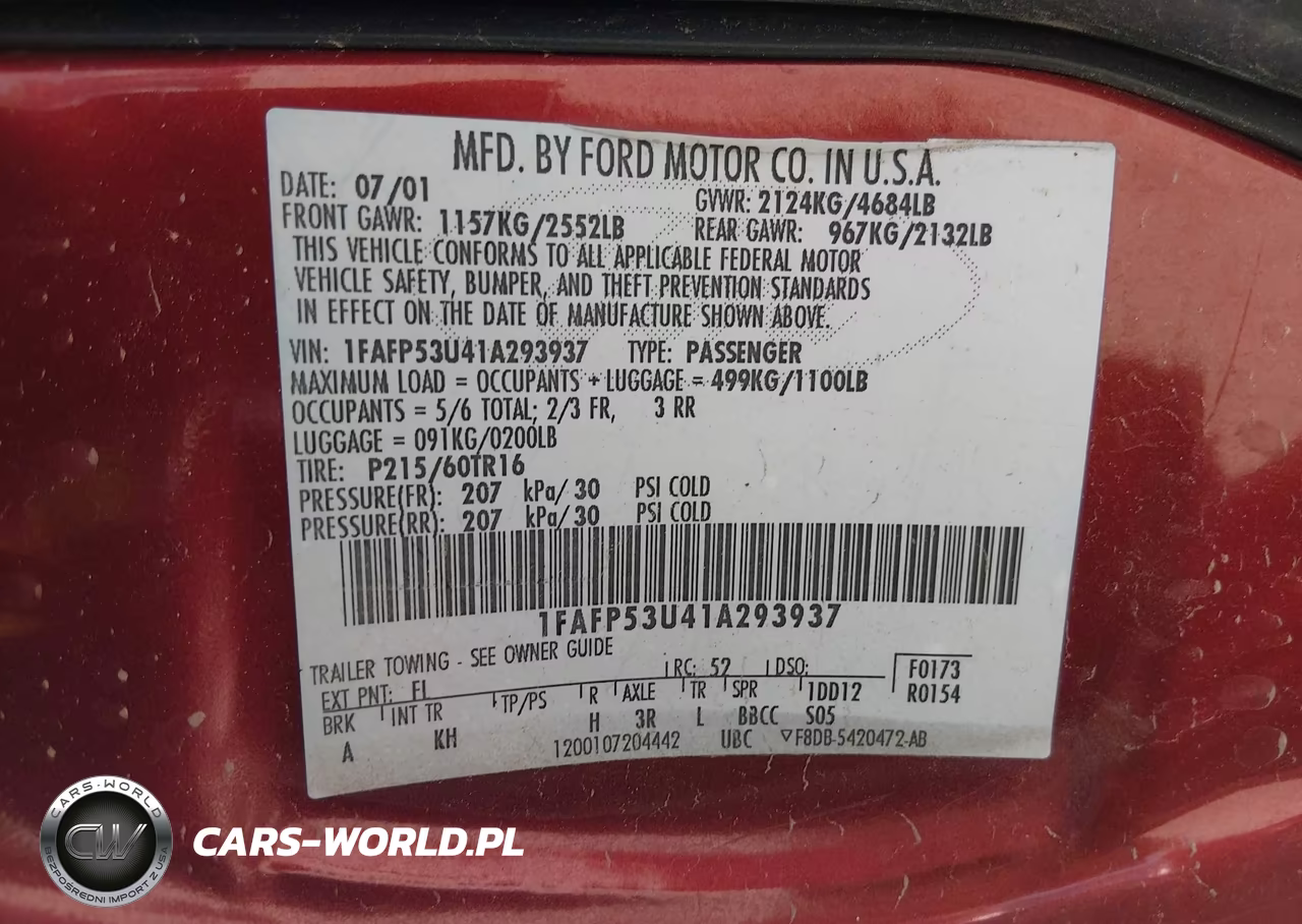 2001 Ford Taurus Se VIN:1FAFP53U41A293937 - 9