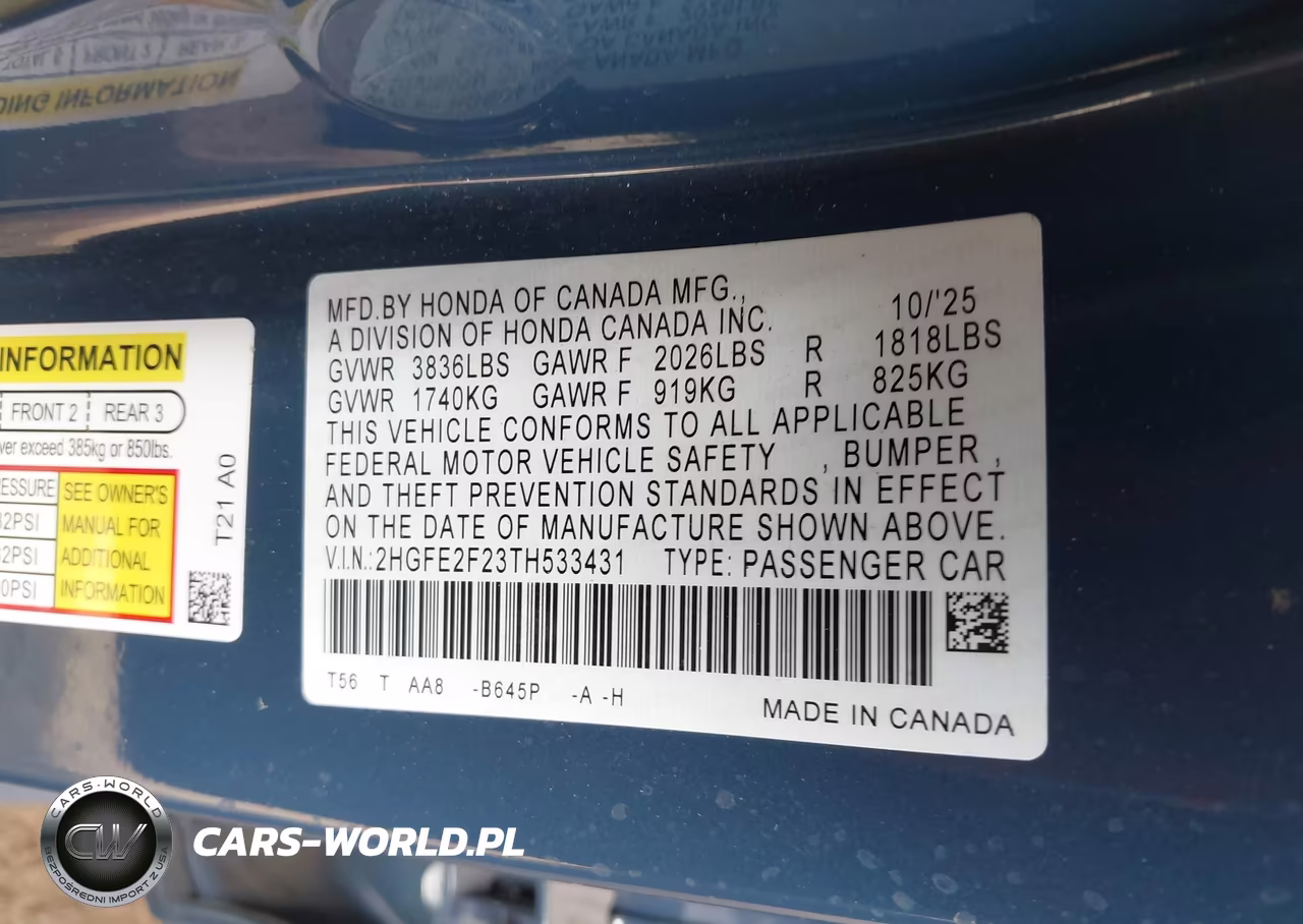 2026 Honda Civic Lx VIN:2HGFE2F23TH533431 - 9