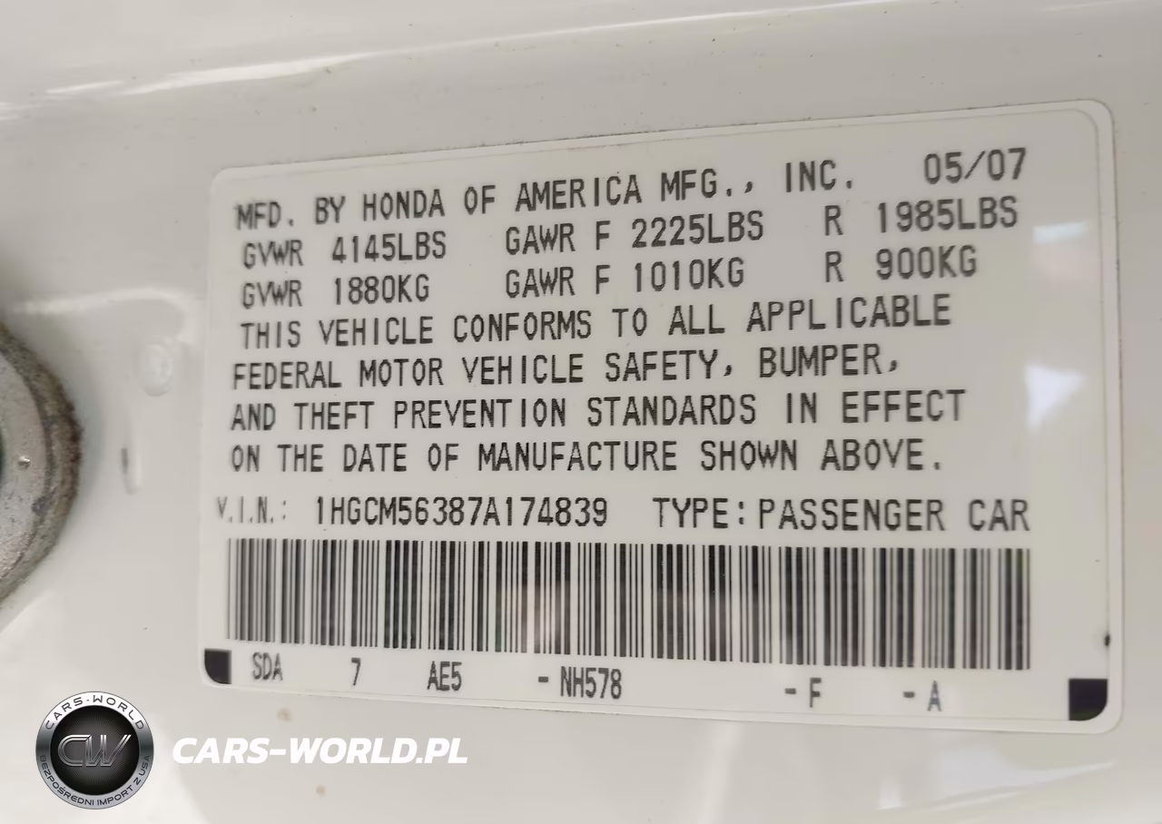2007 Honda Accord 2.4 Se VIN:1HGCM56387A174839 - 9