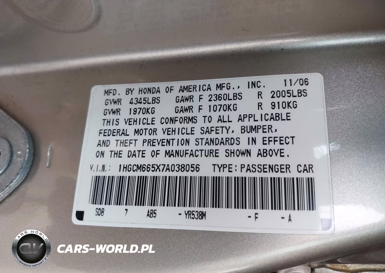 2007 Honda Accord 3.0 Ex VIN:1HGCM665X7A038056 - 9