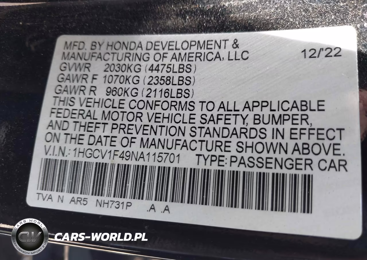 2022 Honda Accord Sport Special Edition VIN:1HGCV1F49NA115701 - 9