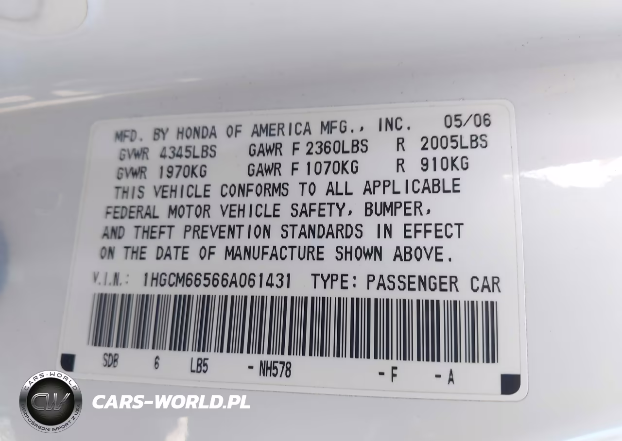 2006 Honda Accord 3.0 Ex VIN:1HGCM66566A061431 - 9