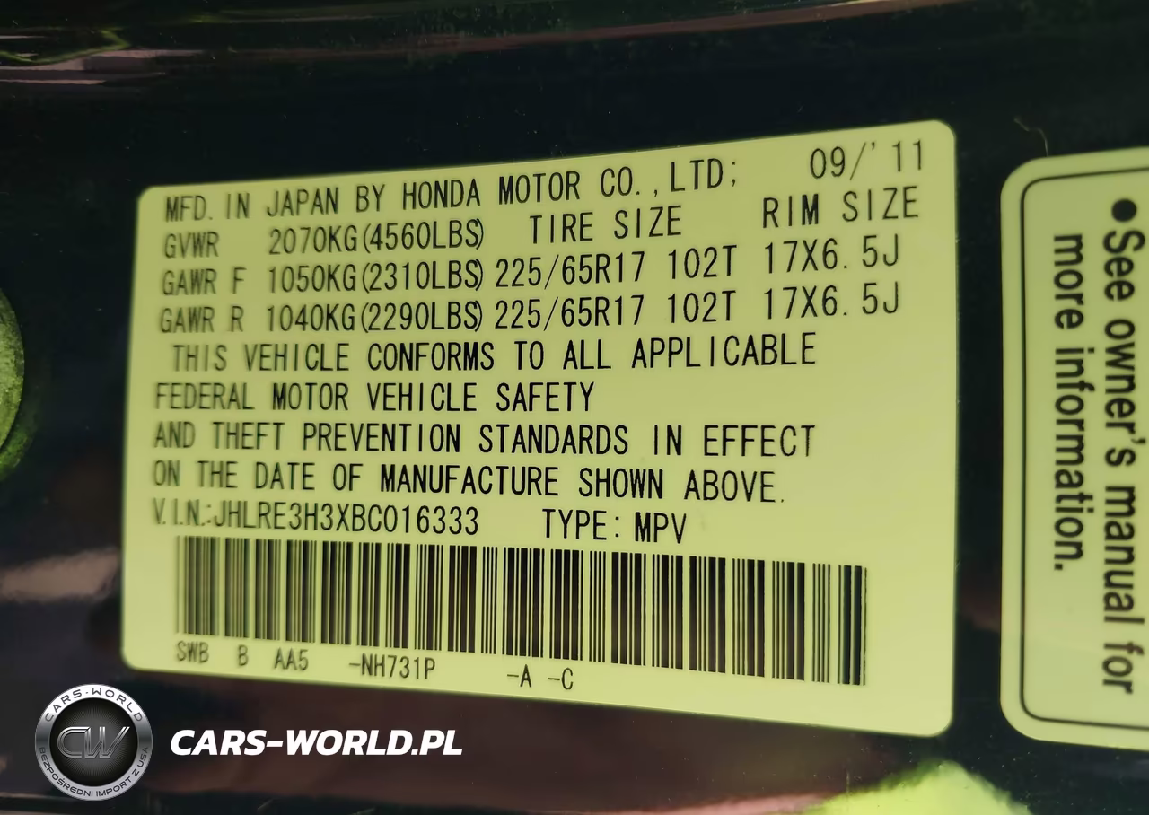 2011 Honda Cr-V Lx VIN:JHLRE3H3XBC016333 - 9