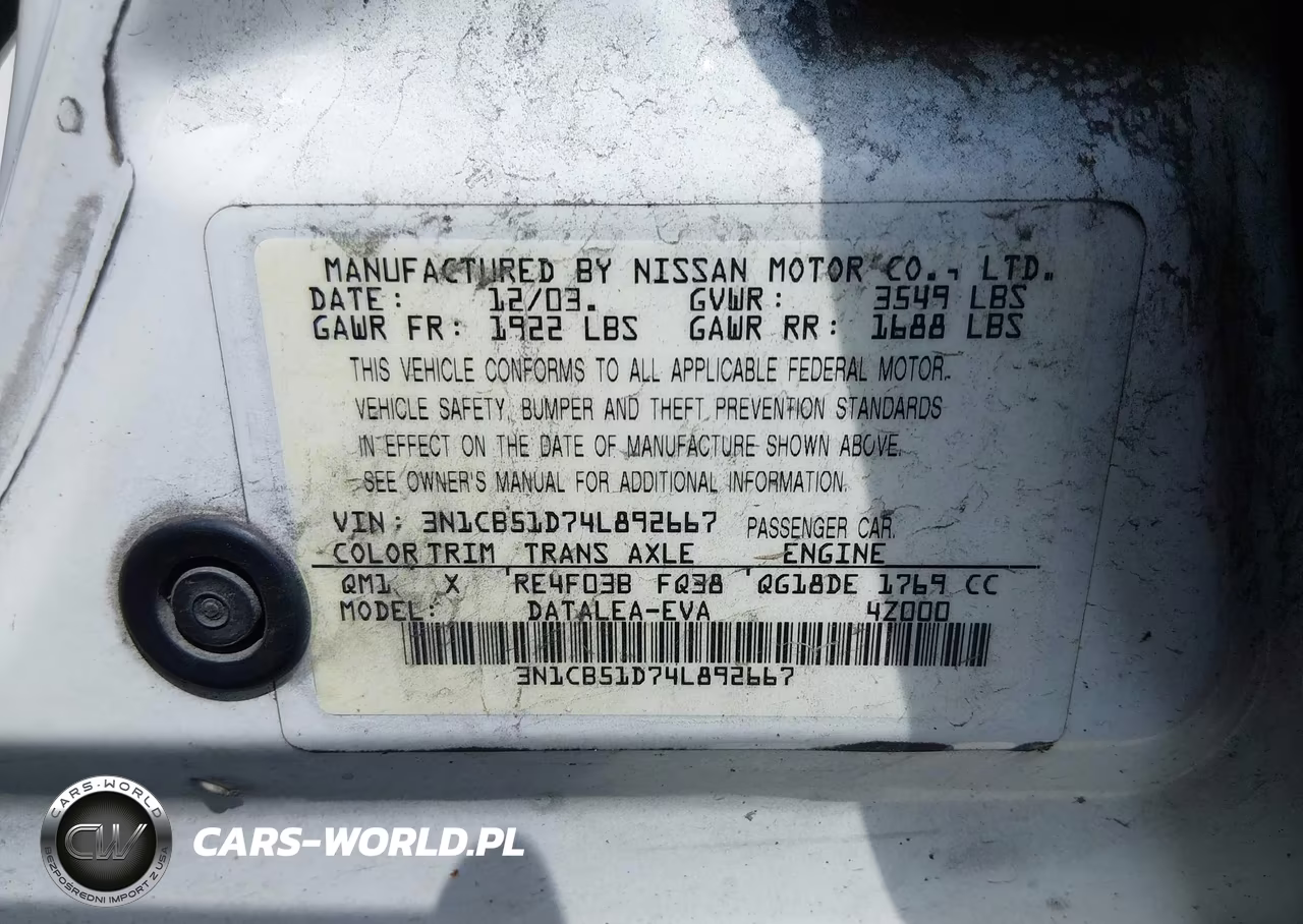 2004 Nissan Sentra 1.8S VIN:3N1CB51D74L892667 - 9