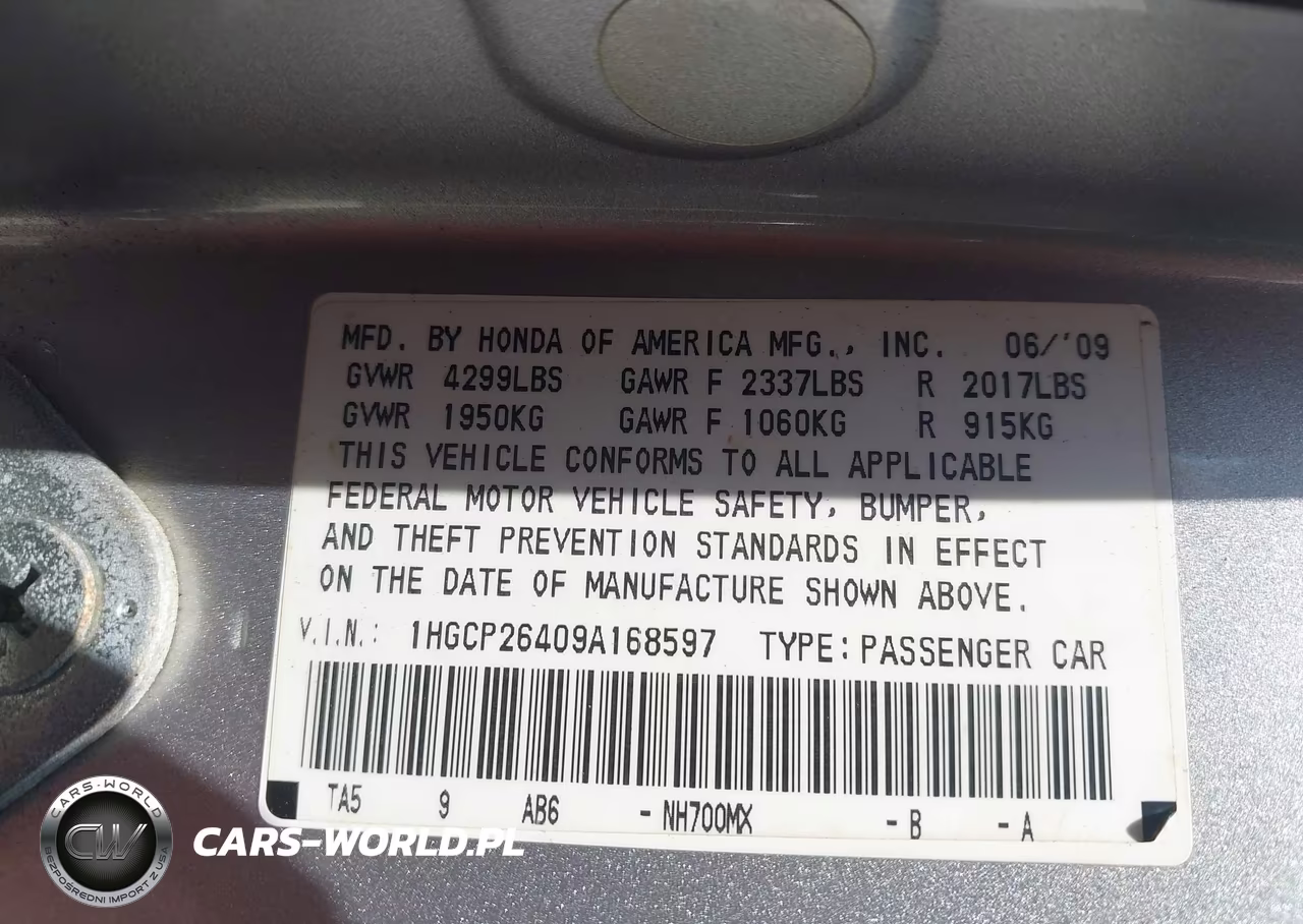 2009 Honda Accord 2.4 Lx-P VIN:1HGCP26409A168597 - 9