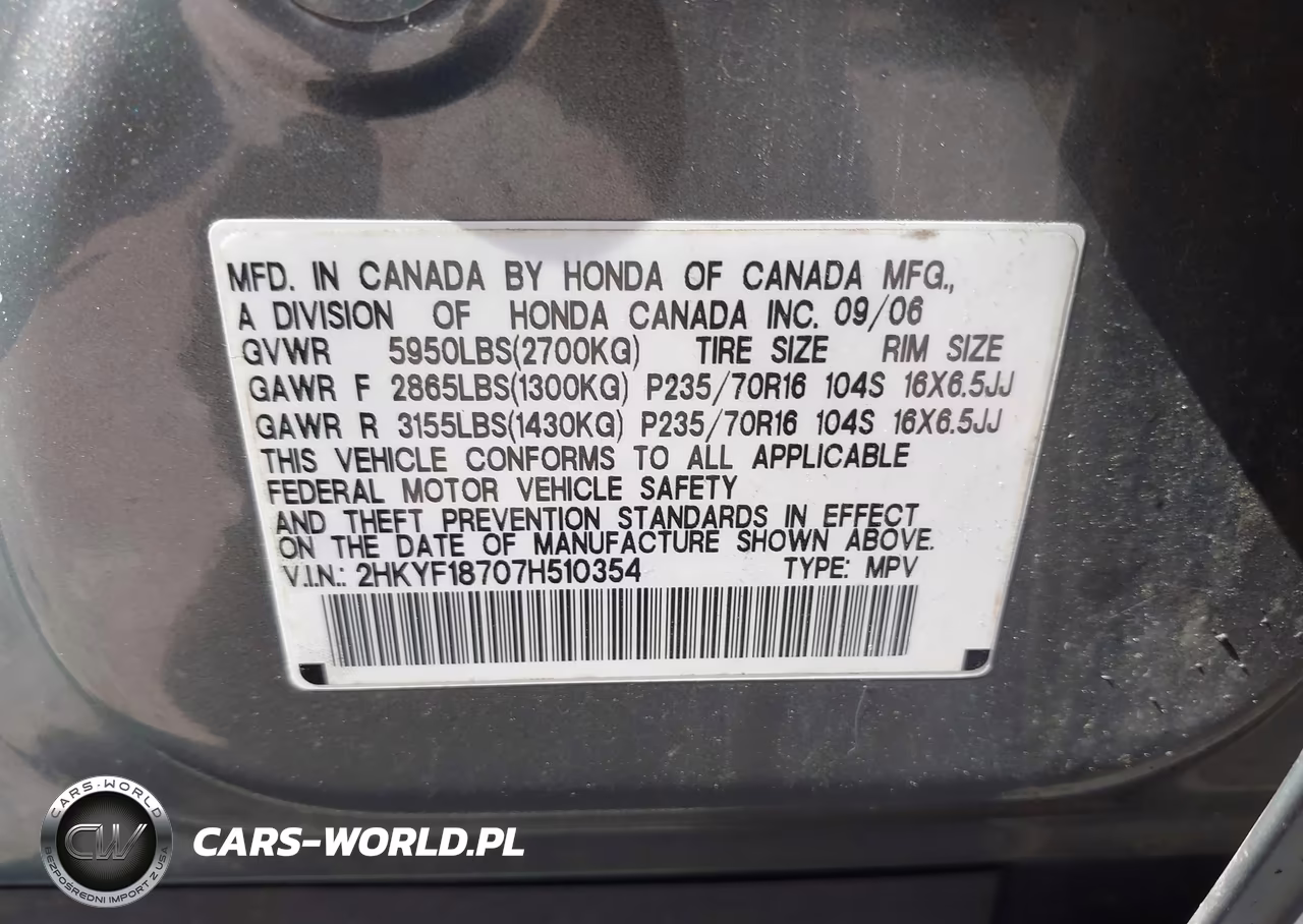 2007 Honda Pilot Ex-L VIN:2HKYF18707H510354 - 9
