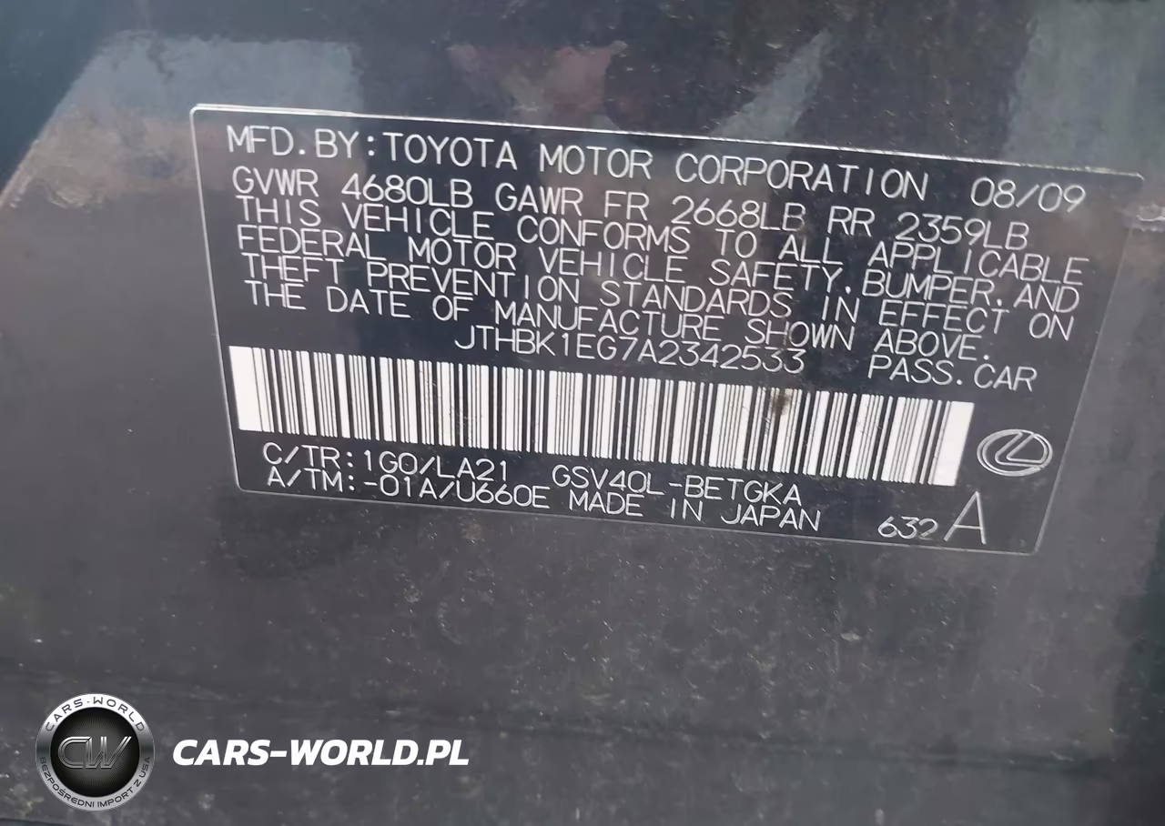 2010 Lexus Es 350 VIN:JTHBK1EG7A2342533 - 9