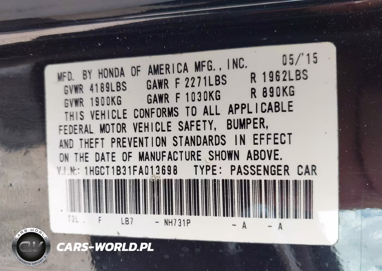 2015 Honda Accord Lx-S VIN:1HGCT1B31FA013698 - 9