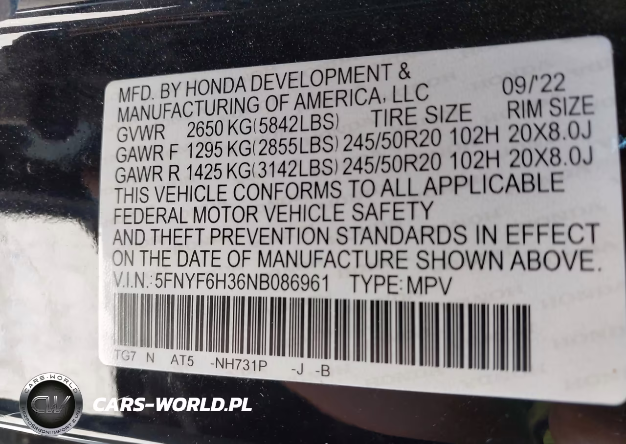 2022 Honda Pilot Awd Sport VIN:5FNYF6H36NB086961 - 9