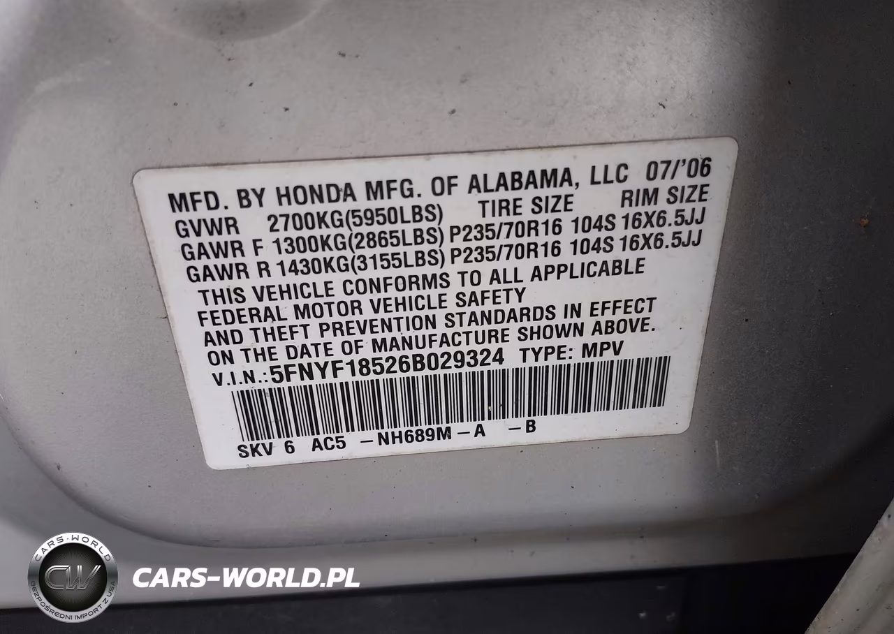 2006 Honda Pilot Ex-L VIN:5FNYF18526B029324 - 9