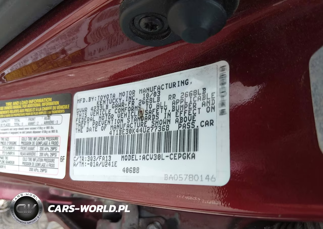 2004 Toyota Camry Xle VIN:4T1BE30K44U277368 - 9