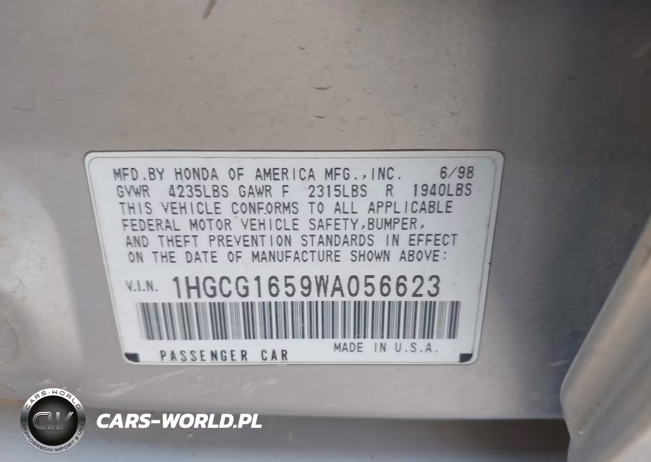 1998 Honda Accord Ex V6 VIN:1HGCG1659WA056623 - 9