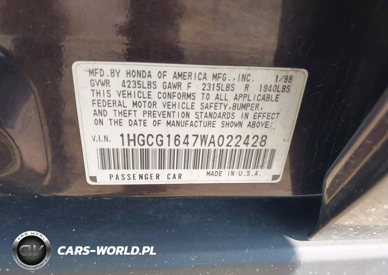 1998 Honda Accord Lx V6 VIN:1HGCG1647WA022428 - 9