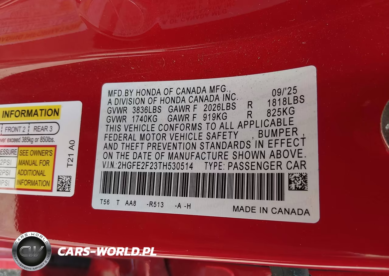 2026 Honda Civic Lx VIN:2HGFE2F23TH530514 - 9