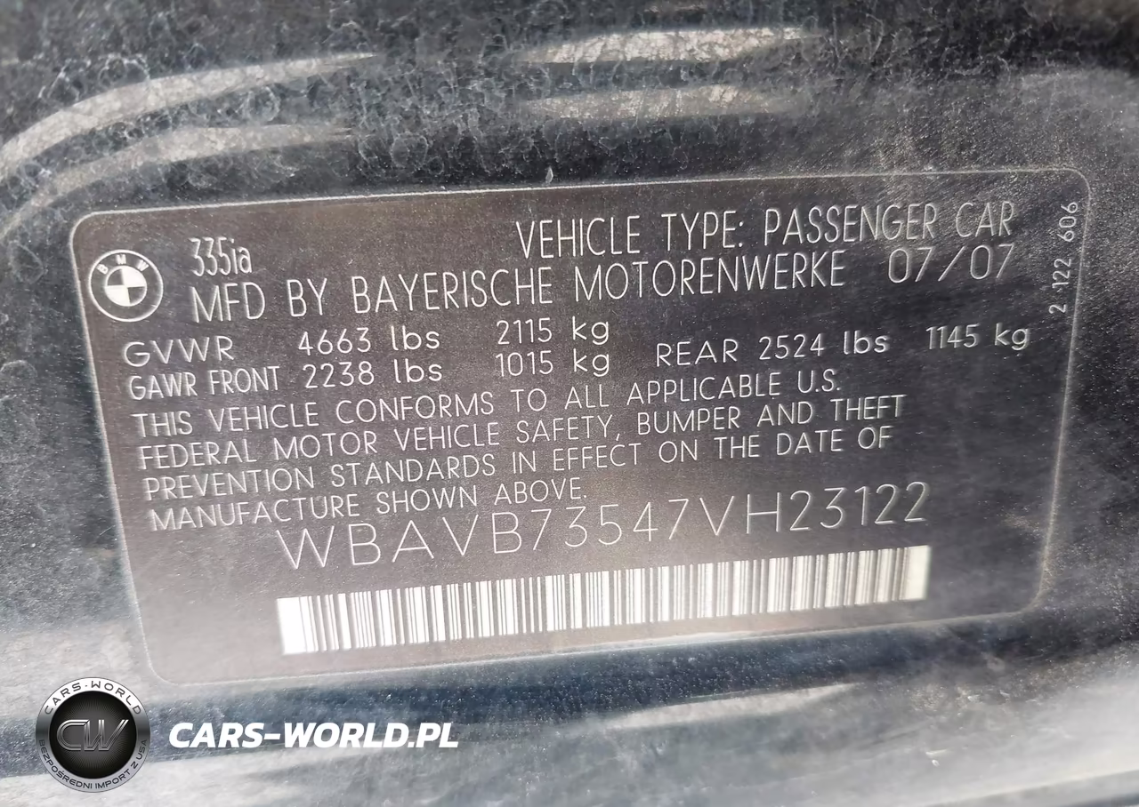 2007 BMW 335I VIN:WBAVB73547VH23122 - 9