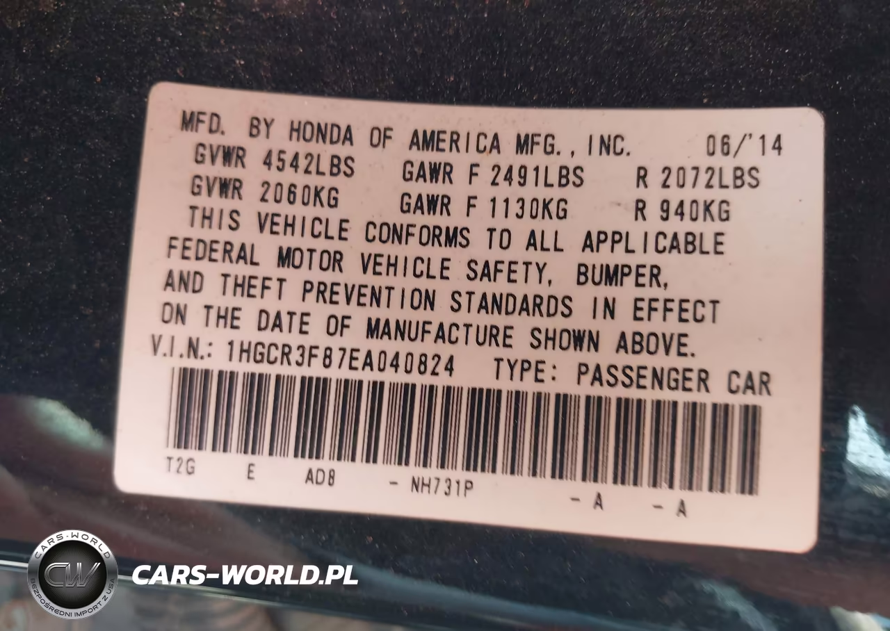 2014 Honda Accord Ex-L V-6 VIN:1HGCR3F87EA040824 - 9