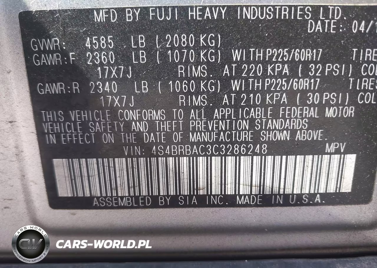 2012 Subaru Outback 2.5I VIN:4S4BRBAC3C3286248 - 9