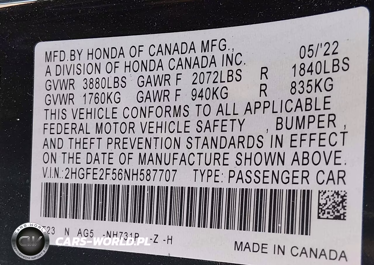 2022 Honda Civic Sport VIN:2HGFE2F56NH587707 - 9
